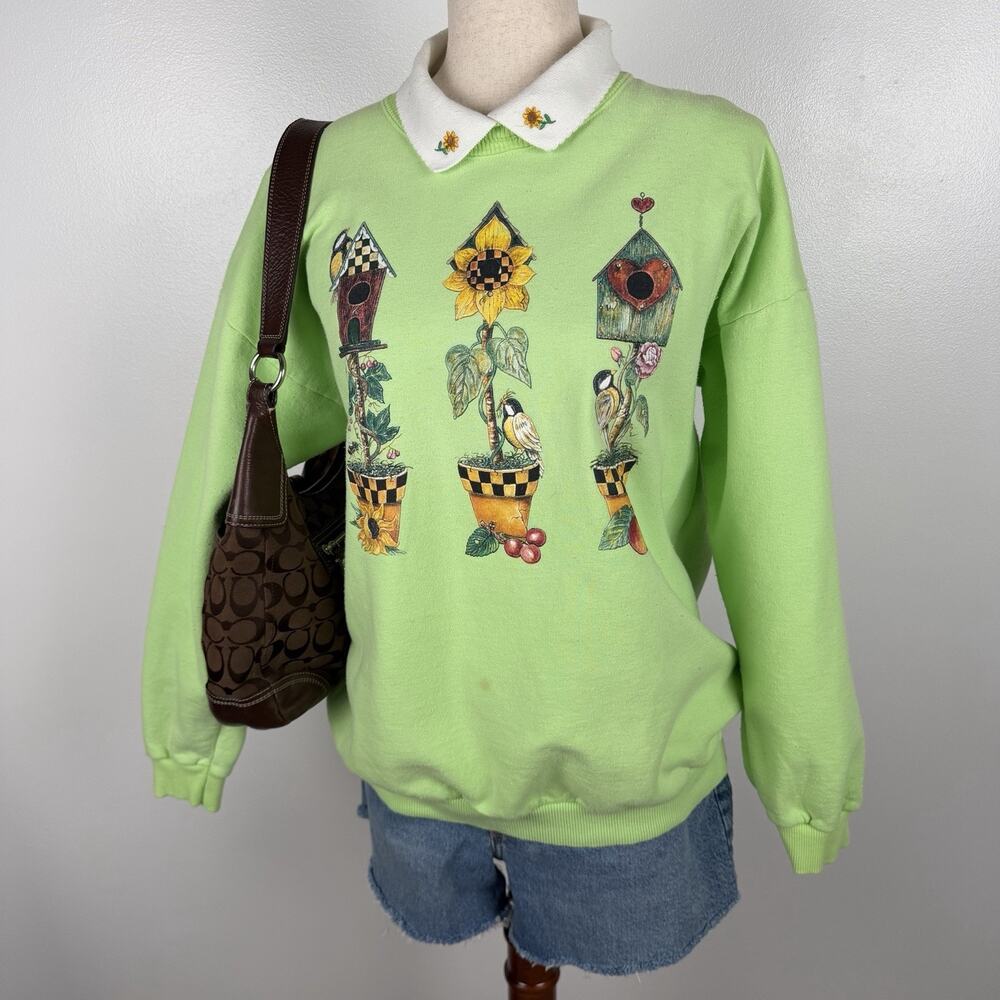 Vintage 90s Cottagecore Birdhouse Sunflower Collared Sweatshirt Grandmacore L
